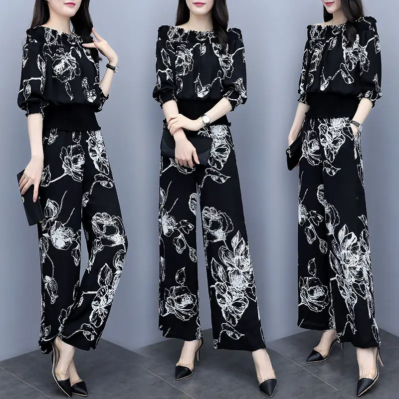 Fashion Chiffon Suit Women For Summer 2024 New Pantsuits Slash Neck Slim Print Top & Wide Leg Pants 2 Piece Sets Outfits Costume