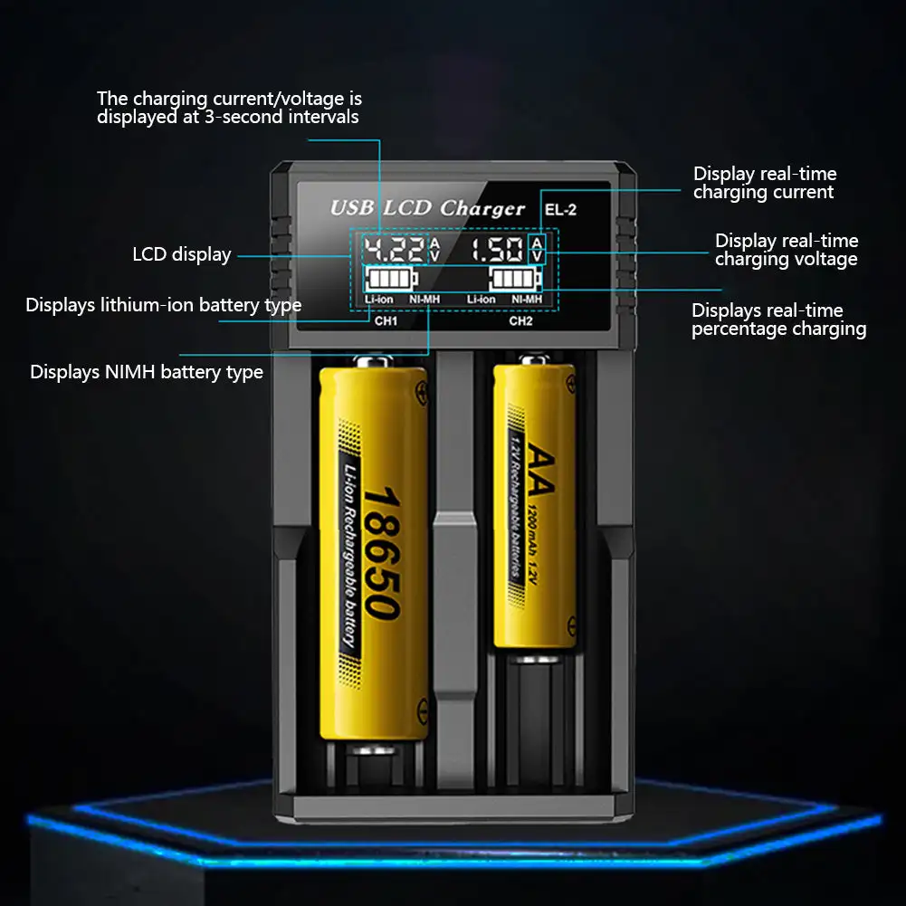 USB LCD Battery Smart Charger 1 / 2 Slots Charger For 18650 3.7V Rechargeable Lithium Battery For 1.2V NI-MH AA / AAA Battery