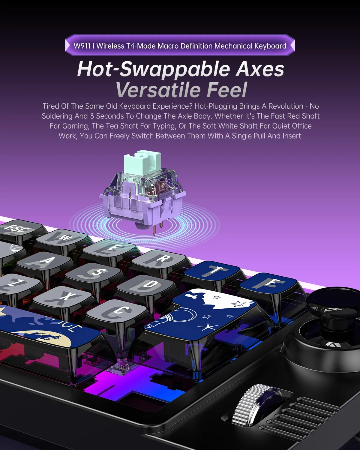 

MKESPN W911 Mechanical Keyboard Tri Mode RGB Macro Programming RGB Hot Swap 22Keys Gamer Keyboard with Volume Scroll Jostic