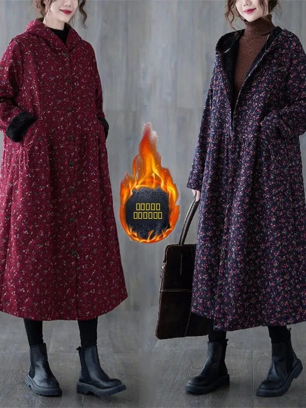 

Женское демисезонное пальто с худи и художественным цветочным принтом, утепленное хлопком, с длинными рукавами, для повседневной носки, больших размеров