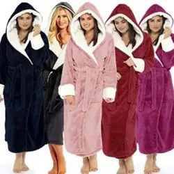 Women's Fleece Bathrobe Ladies Dressing Gown Long Hooded Sleepwear Soft Fluffy Pajamas Loose Relaxed Home Robe Wearing Nightwear