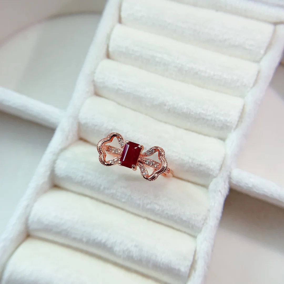 Trendy Designer Design Natural Ruby Ring 4*6mm S925 Silver Inlay Vibrant Red Delicate Jewelry Accessories