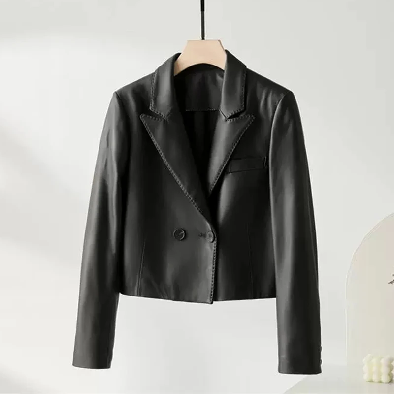 S-2XL Women's Real Leather Short Blazer Jackets Fashion High Street Lapel Female Full Sleeve Slim-fit Sheepskin Jackets Coats
