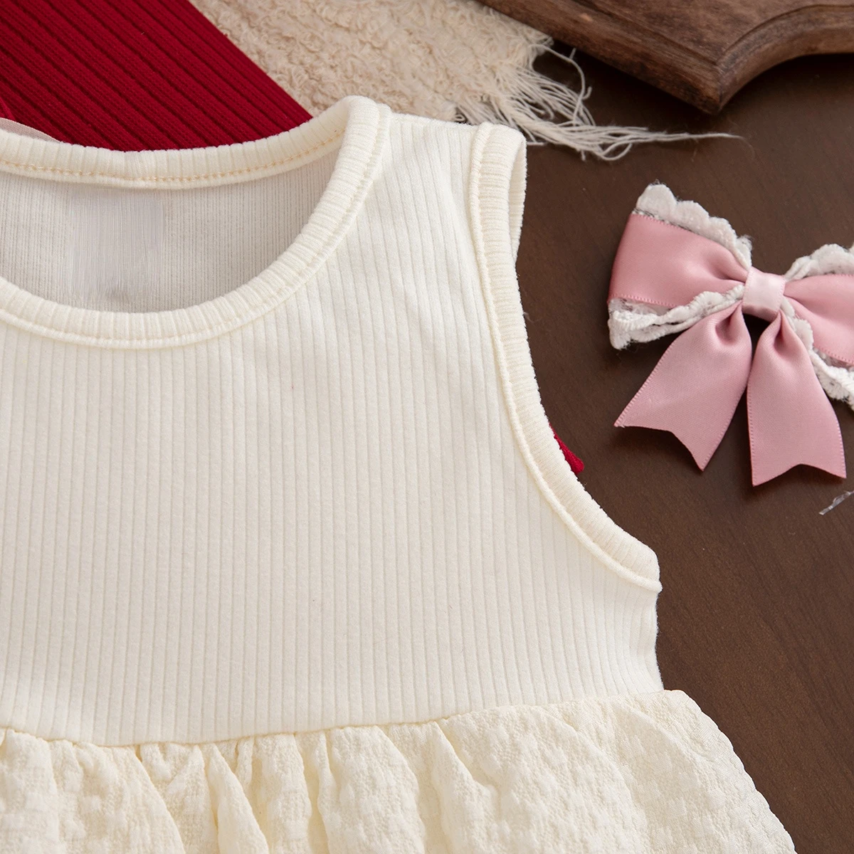 Baby-Mädchen-Kleidungsset: Rote Strickjacke mit Schleife und ärmellosem mehrlagigem Kleid, 2-teiliges Prinzessinnen-Outfit für Mädchen für die Weihnachtsfeier – Detail 22
