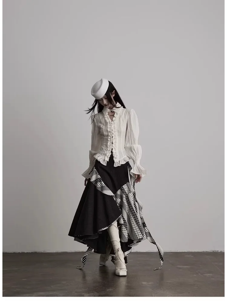 Spring Y2k Aesthetic Shirts Women Gothic Punk Long Sleeve Slim Ruffles Blouse Streetwear Female Vintage Grunge White Tops Blusas - view 6