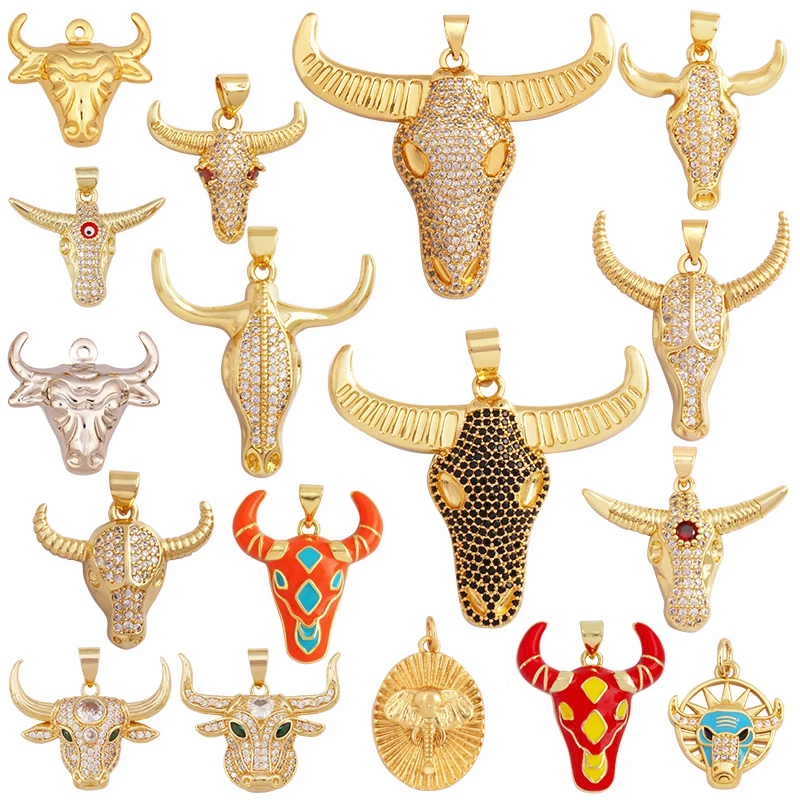 Animal Cow Ox Head Colourful Charm Pendant,18K Gold Plated Cubic Zirconia Necklace Bracelet for Jewelry Findings Supplies M62