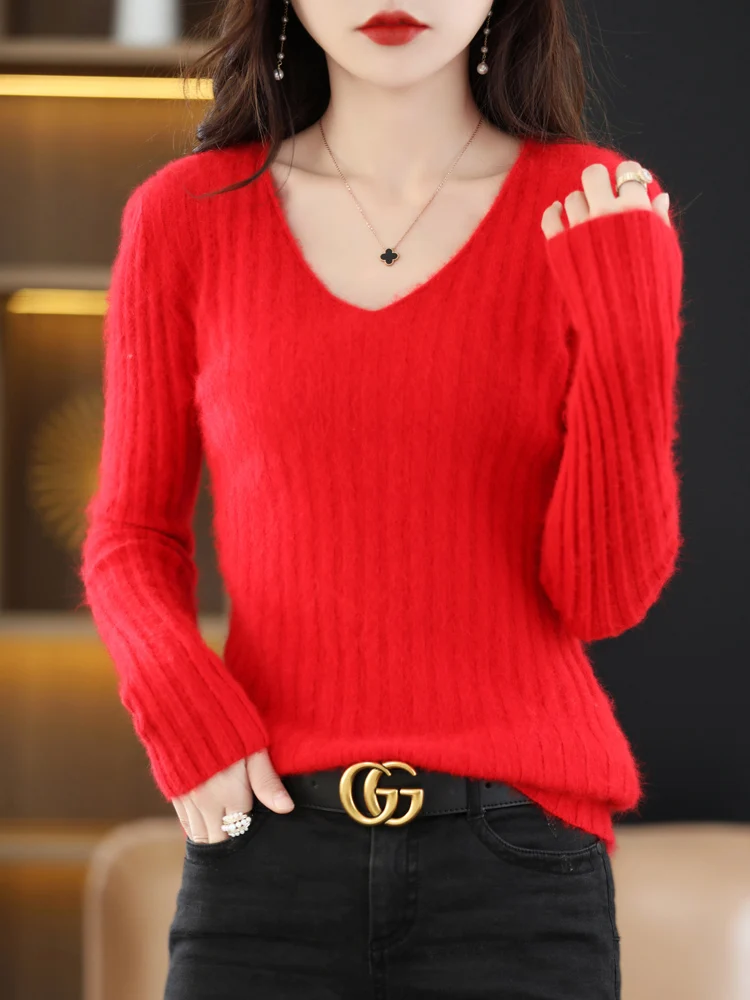 New Autumn Winter 100% Mink Cashmere Sweater Women V-Neck Slim Knitted Pullover Fashion Elastic Base Shirt Long Sleeve Warm Tops