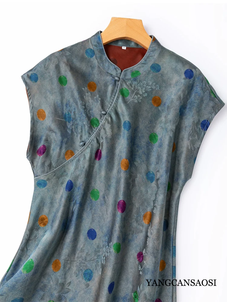 Tie Dye Women's Casual Summer New Slant Cut 100% Natural Mulberry Silk Gambiered Guangdong Gauze Stand Collar Slim Fit Dress