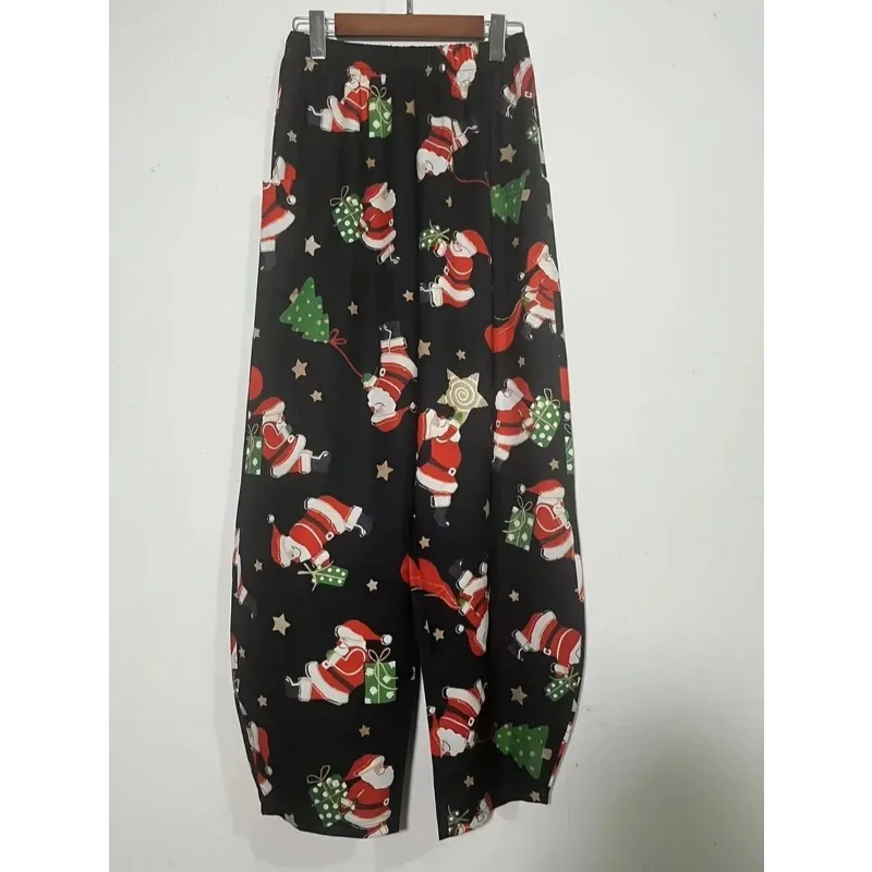 Plus Size Women Fashion Santa Claus Print Wide Leg Pants Casual Bottoms Trousers Sweatpants Loose