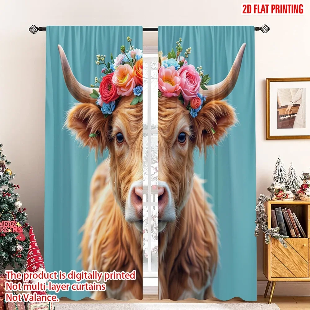 2pcs 2D flat printing Drapes Highland Cow Floral Crown Digital Printed Polyester Drapes Holiday Decorations for Photo Booths &