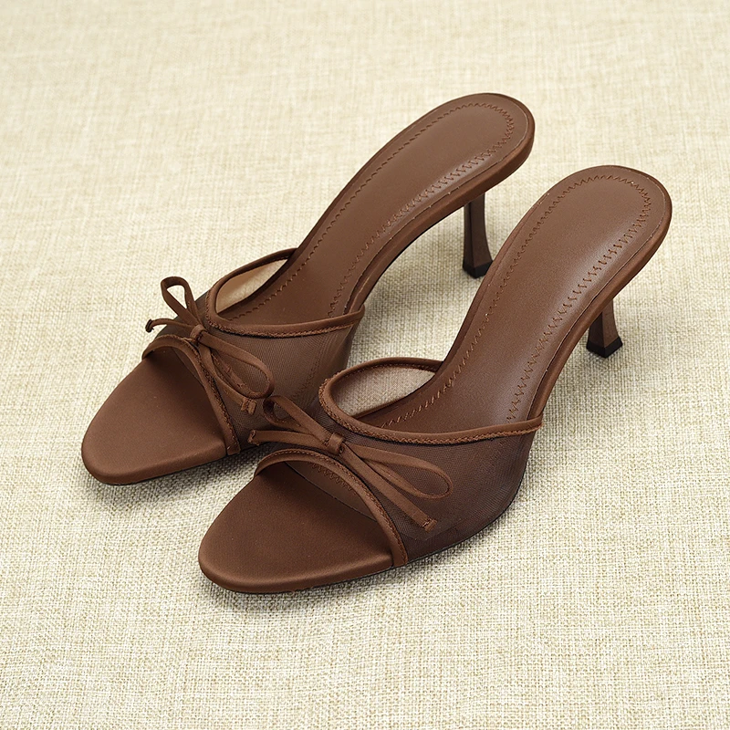 Elegant Brown  Knot Decorated Mules Mesh Sandals Women's Sexy Baked Paint Thin Heel Sensual Half Slippers