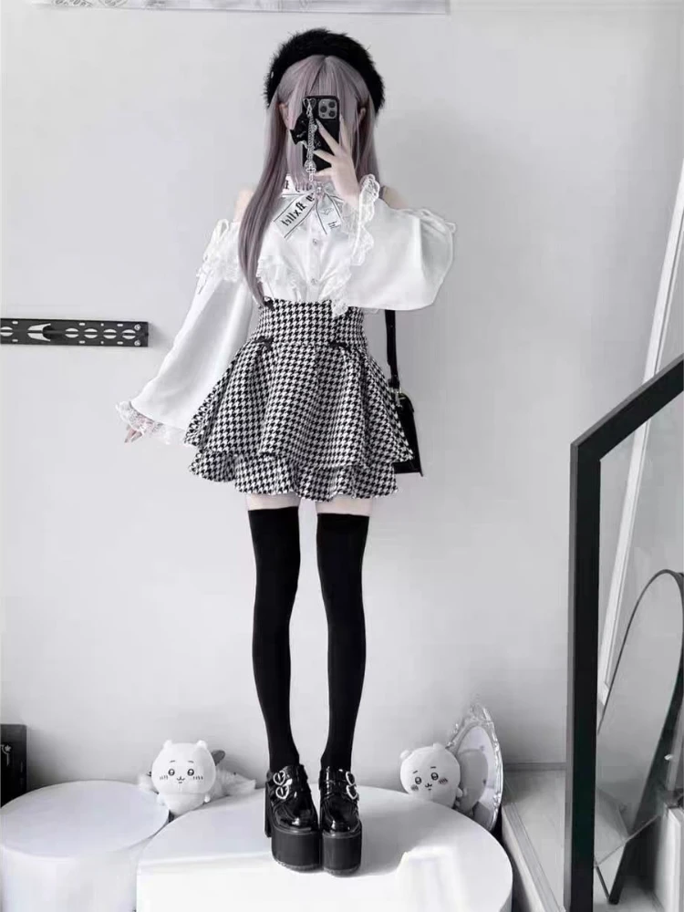 Gótico fora do ombro blusa preta houndstooth saia conjunto feminino y2k harajuku doce punk outfit manga larga superior saia de cintura alta