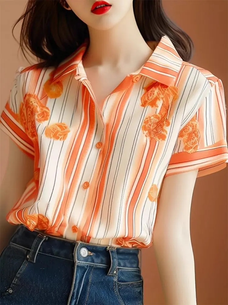 Korea High Quality Loose Versatile Beach Wear Shirt Button Contrast Striped Printed Short Sleeve Lapel Collar