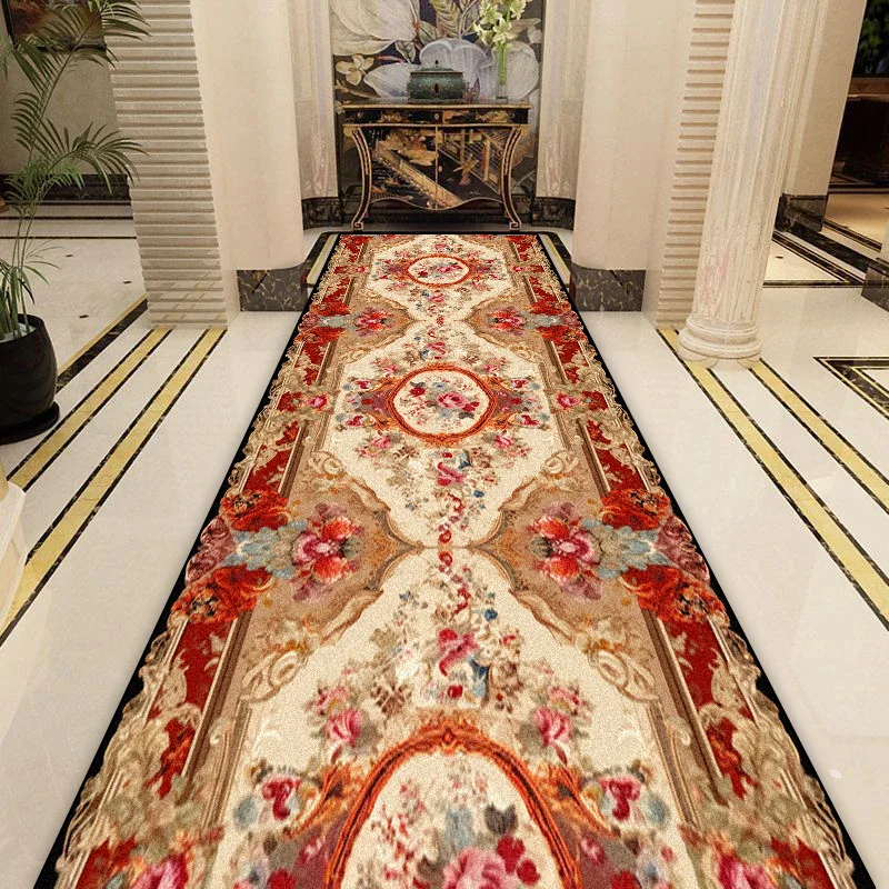 European Style Luxury Flower Long Corridor Carpet Non-slip Stairway Decor Rug Washable Aisle Runner Rug Customized Kitchen Mat