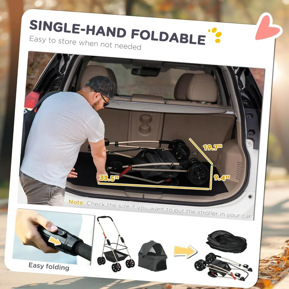 3-in-1-Hundewagen mit abnehmbarem Träger, leichter, zusammenklappbarer Haustierkinderwagen mit 4 Rädern, Aufbewahrungskorb, Getränkehalter