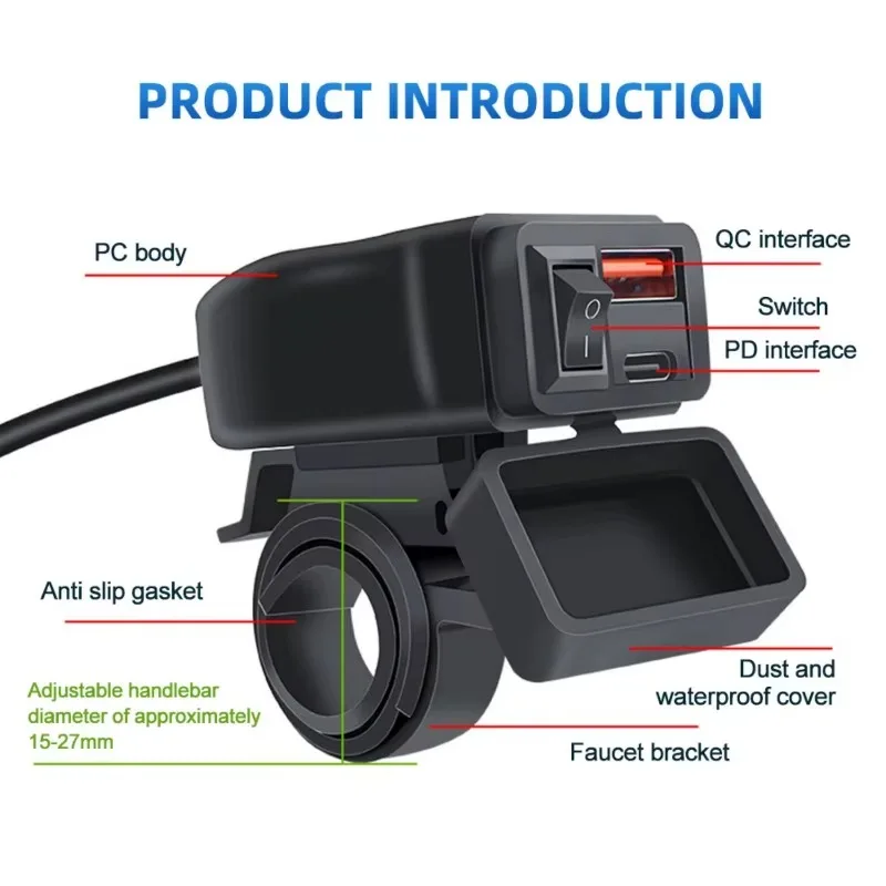 3.0 Motorcycle Fast Charger Handlebar Dual USB Socket 66W PD+QC With LED Voltmeter Waterproof 12V Power Supply Adapter For Moto