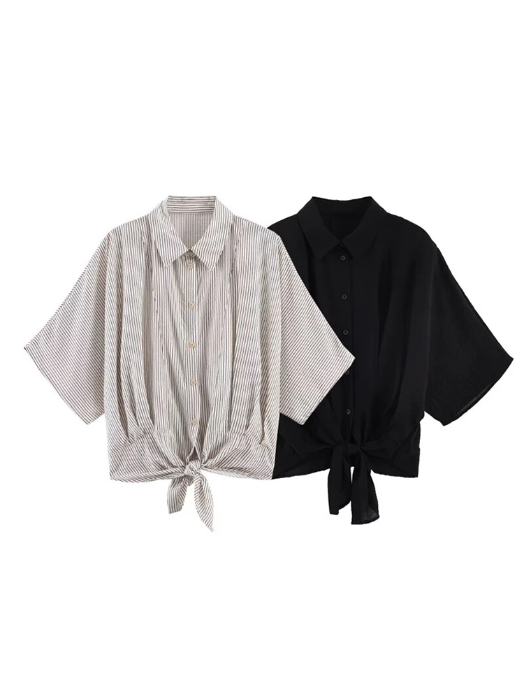 

Women Shirts Blouses Tops 2026 Summer Striped Short Sleeve Turn-Down Collar Bow Female Elegant Street Top Clothes