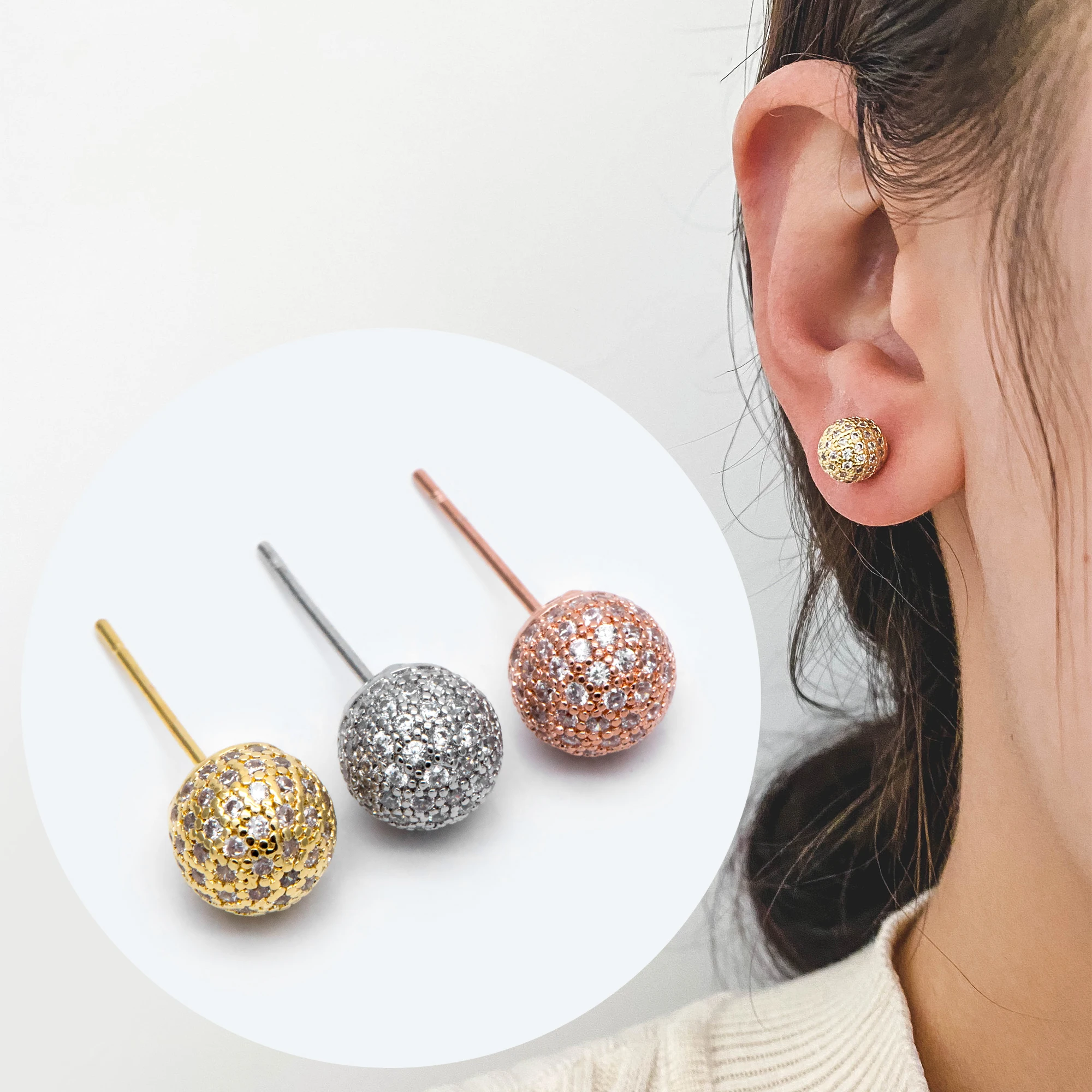 4pcs Ball Stud Earrings 8mm, Gold/ Silver/ Rose Gold, CZ Paved Round Earrings (GB-2149)