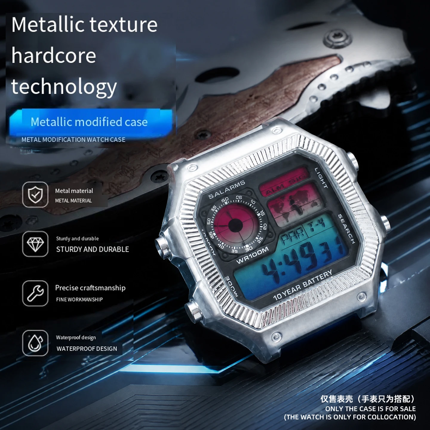 New Stainless Steel Watch Case & Bracelet Mod Kit With Fluted Bezel Screws Tools Included For Casio AE‑1200 AE1300 Digital Watch