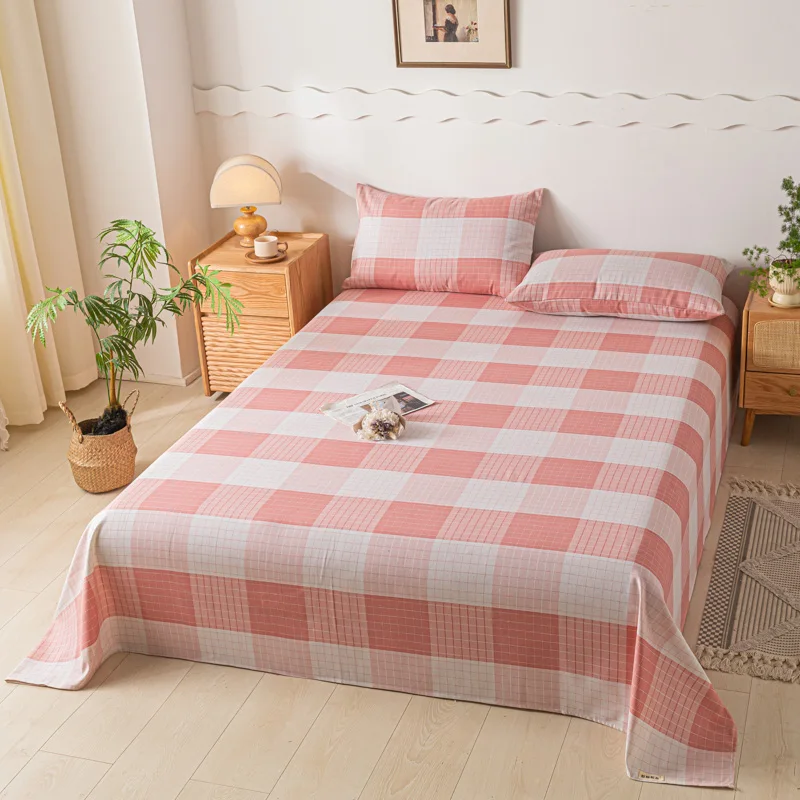 New Old Coarse Cotton Sheet Printed Plaid Stripe 3-piece Sheet Set Double Mattress Set Full King-size Bedding