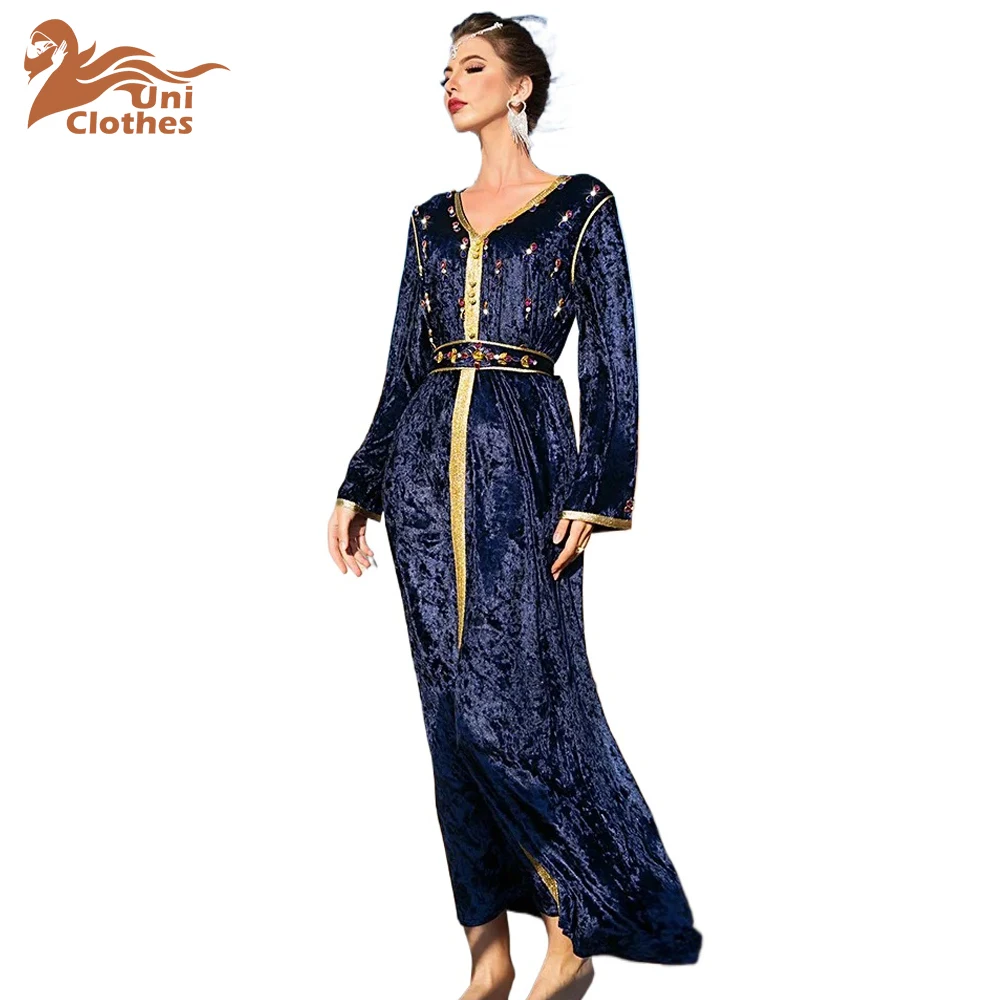 UNI Luxury Party Gown Islamic Abayas Arabic Rhinestone Muslim Women Long Dress Velvet Jalabiya Moroccan Caftan Ramadan Maxi Robe