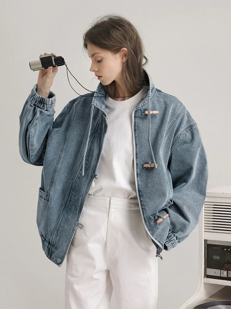 Spring And Autumn Vintage Cow Horn Button Denim Coat Women's Blue Jacket New Outerwear Women's Coats Women's Spring Jacket