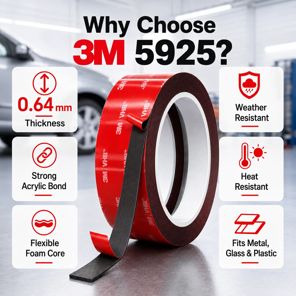 3M 5925 Double Sided VHB Tape Thin Acrylic Foam Strong Bond for Automotive Trim Emblems Panels Signs 0.64mm x 3m