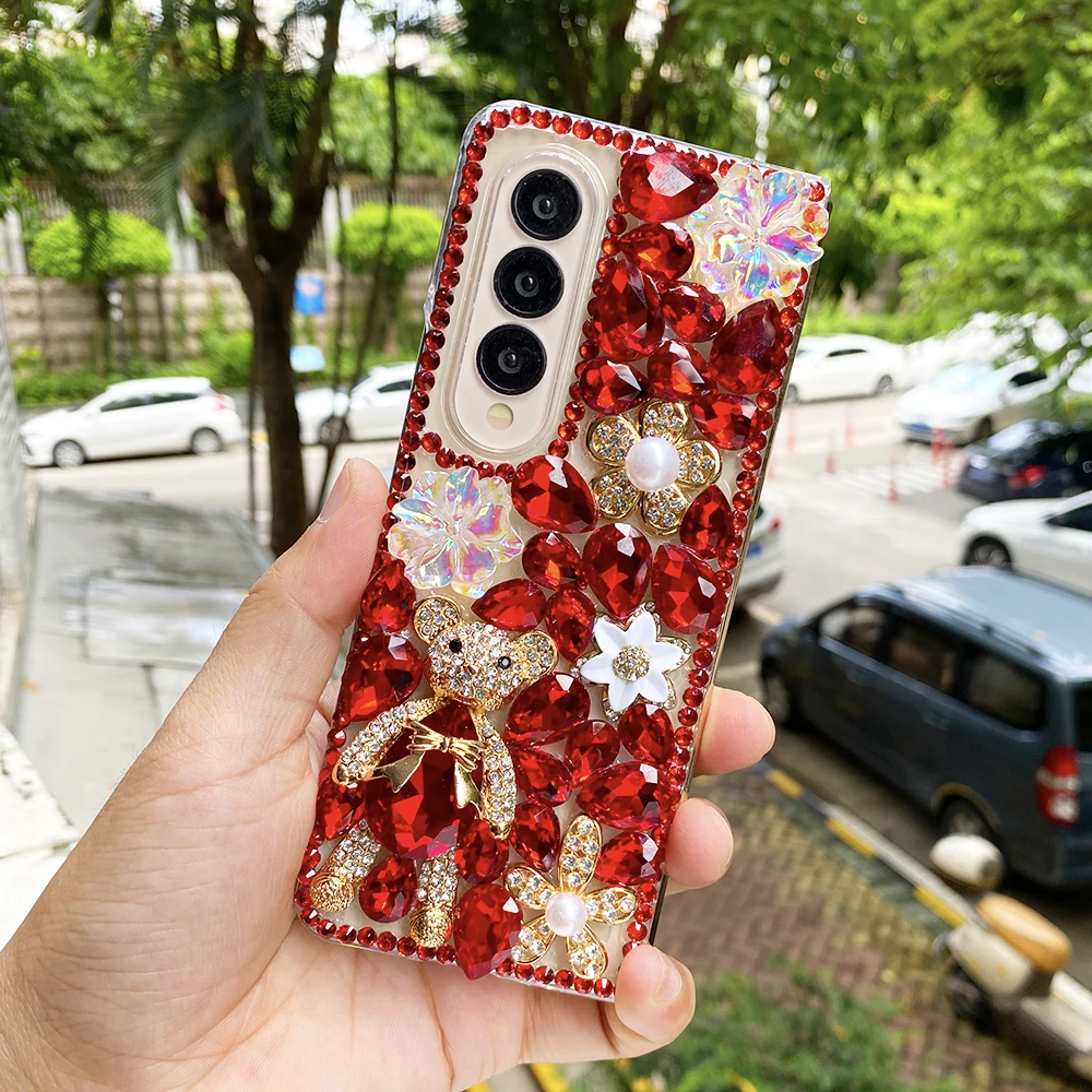 Luxury Rhinestone Cute Bear Phone Case For Samsung Galaxy Z Fold 7 6 5 4 3 2 Diamond Laser Flowers Red Water Drop Crystal Cover