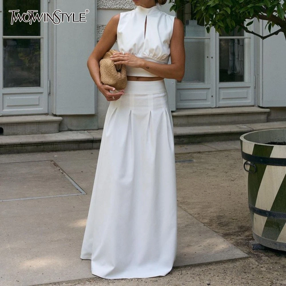 

TWOTWINSTYLE Sexy Hot Girl Women's Skirt Suit Stand Neck Sleeveless Backless Top Slimming A Line Skirt Two Piece Set Female New