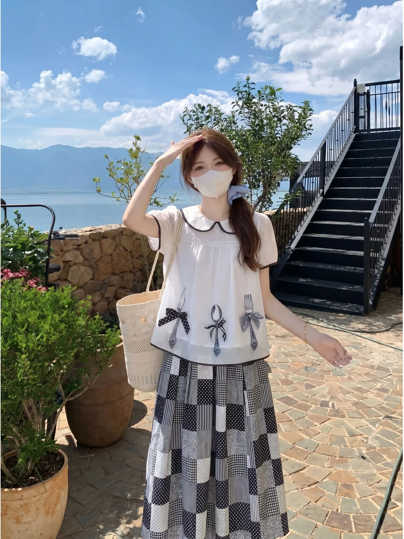 

Korean Style Short Sleeve Shirt And Plaid Skirt Set for Women with Bow Design Doll Collar Summer Fashion Outfit