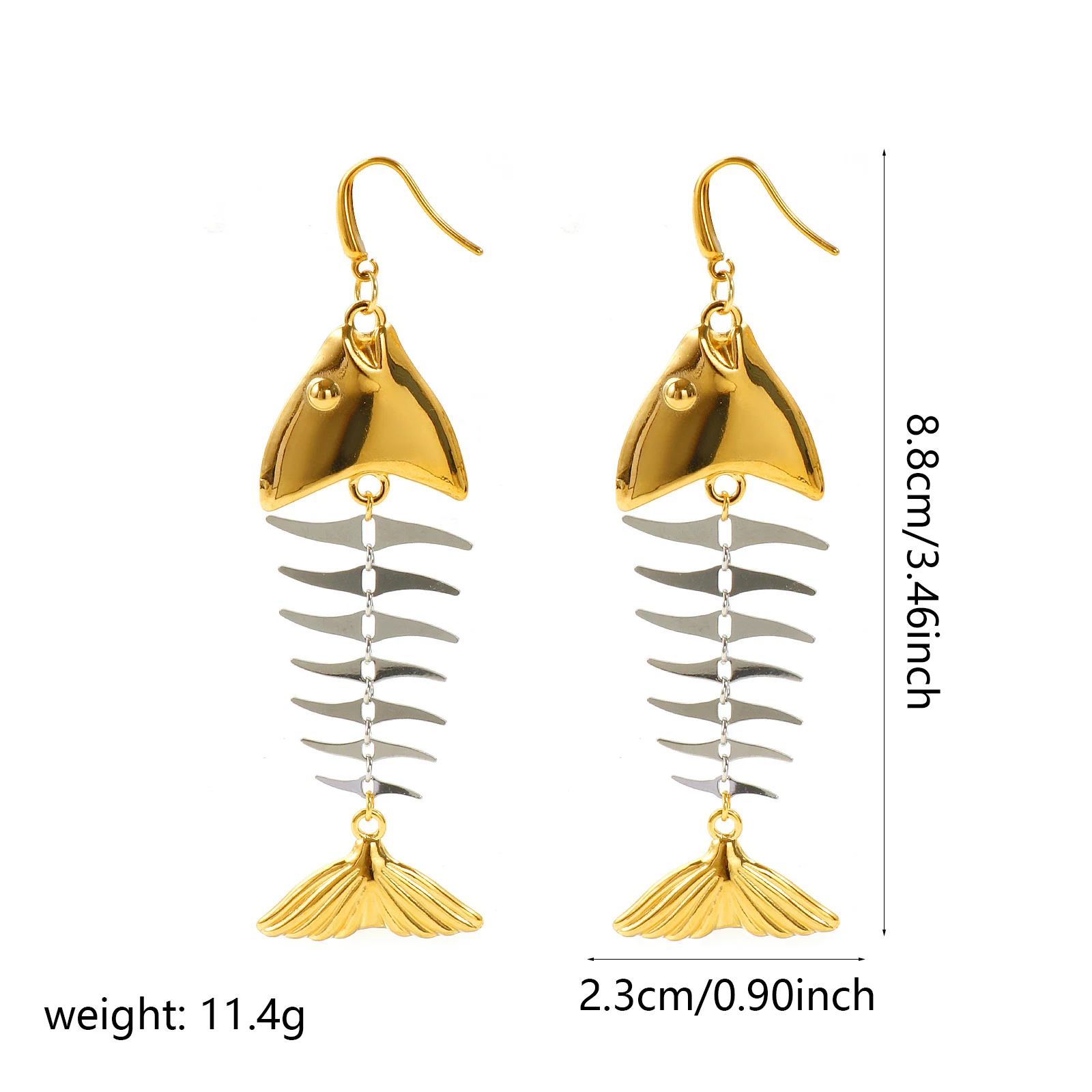 1Pair Exquisite Stainless Steel Drop Earrings Fish Bone Two Tone Dangle Earrings For Women Party Club Jewelry Gift 8.8cm x 2.3cm