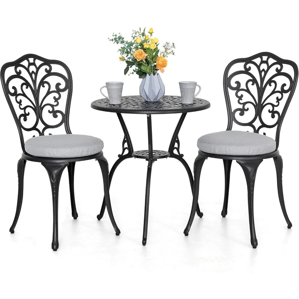 

Bistro Set 3 Piece Outdoor All Weather Cast Aluminum Patio Bistro Set Patio Table and Chairs Set of 2 with Umbrella Hole and Gr