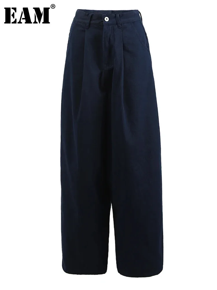 [EAM] vita alta elastica tasca blu scuro Casual pantaloni lunghi a gamba larga nuovi pantaloni moda donna marea primavera autunno 2024 CPG1337