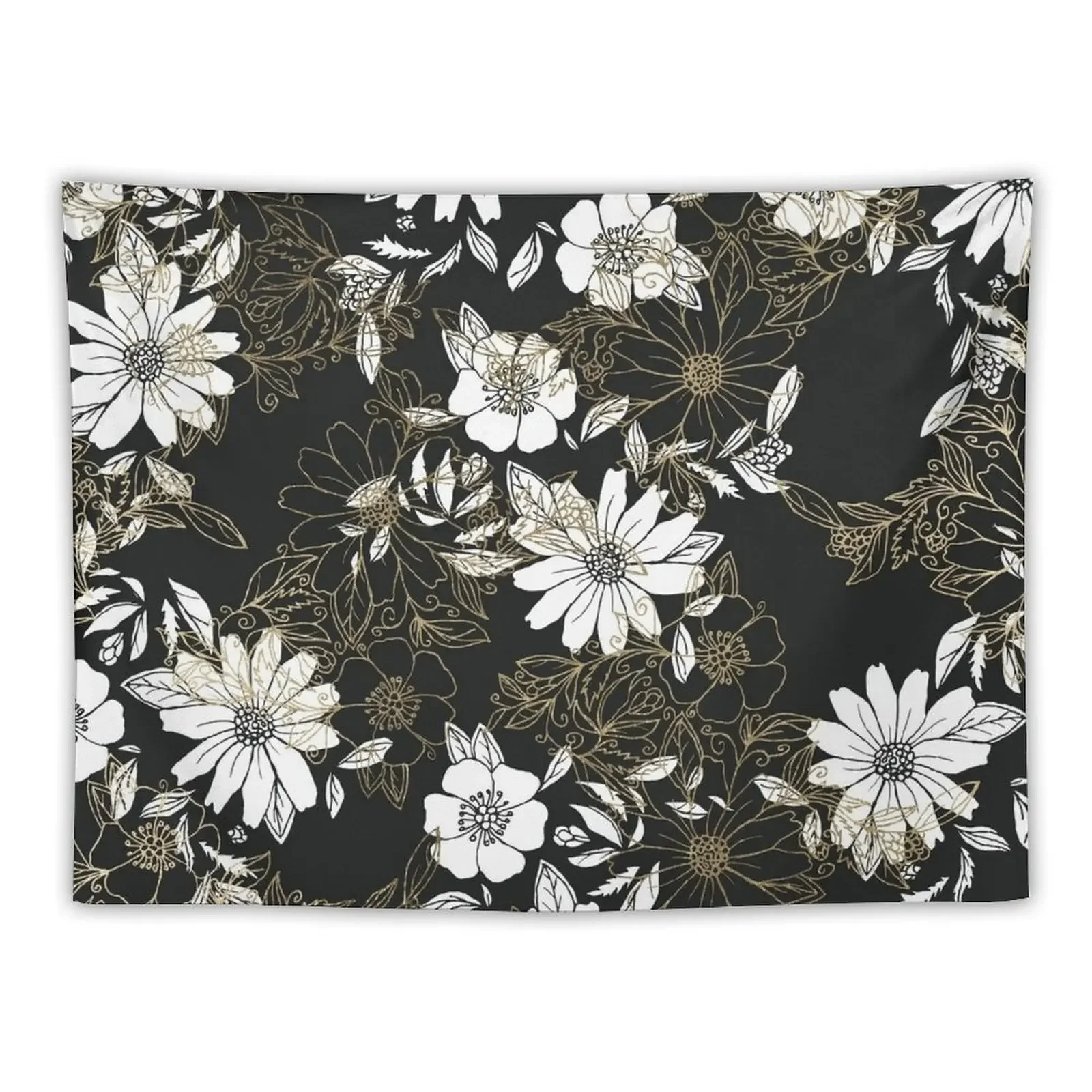 Modern black white faux gold elegant floral Tapestry Things To The Room Wall Carpet Tapestry