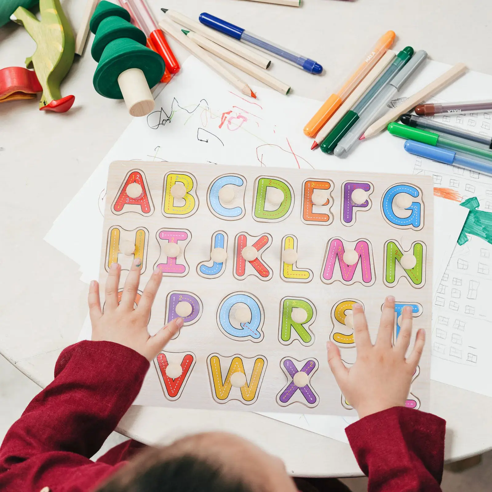 2セット木製アルファベットパズルボード子供用学習ツールモンテッソーリ風アルファベット学習パズル明るい色のデザイン丈夫なデザイン