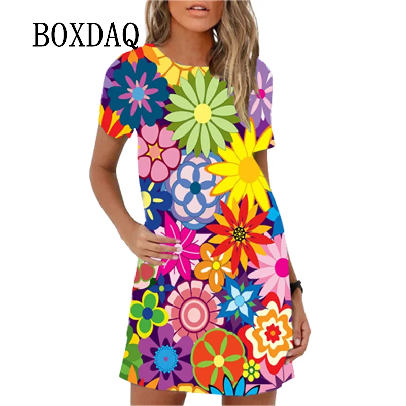 Ladies Spring Summer Dress Rainbow Flowers Print Dress Fashion Elegant Short Sleeve O-Neck Oversized Casual Party Wear Sundress