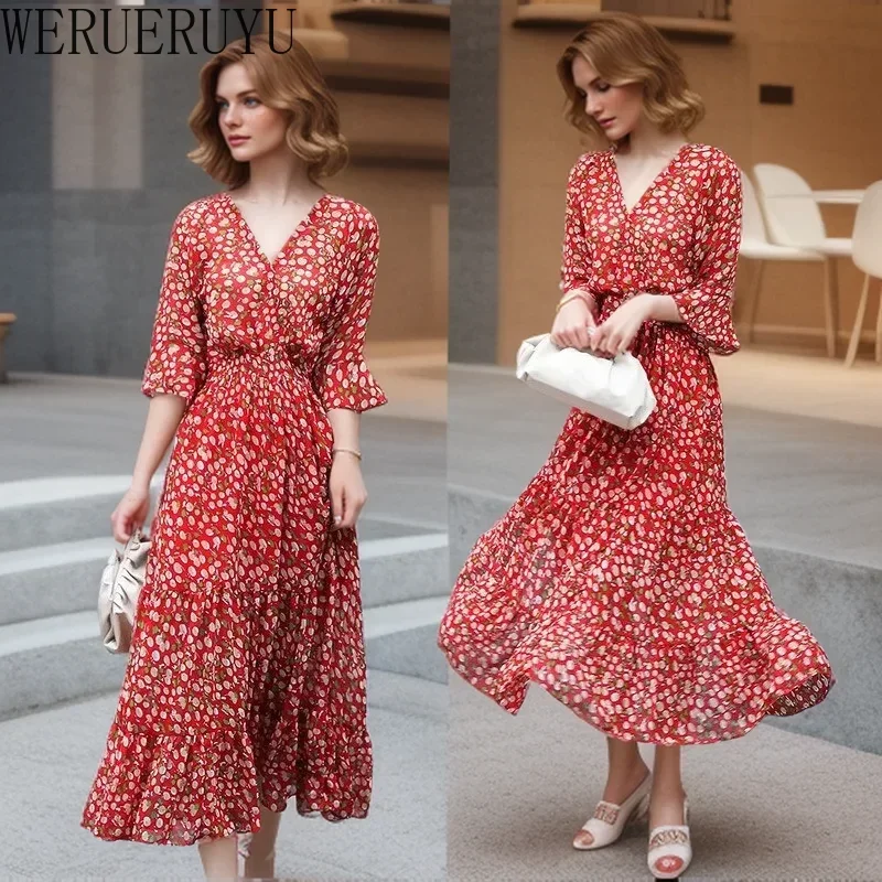 Red Floral Party Long Women Dresses Clothing Flared Short Sleeve Elegant Evening Vintage Fashion Summer Women Chiffon Dress 2024