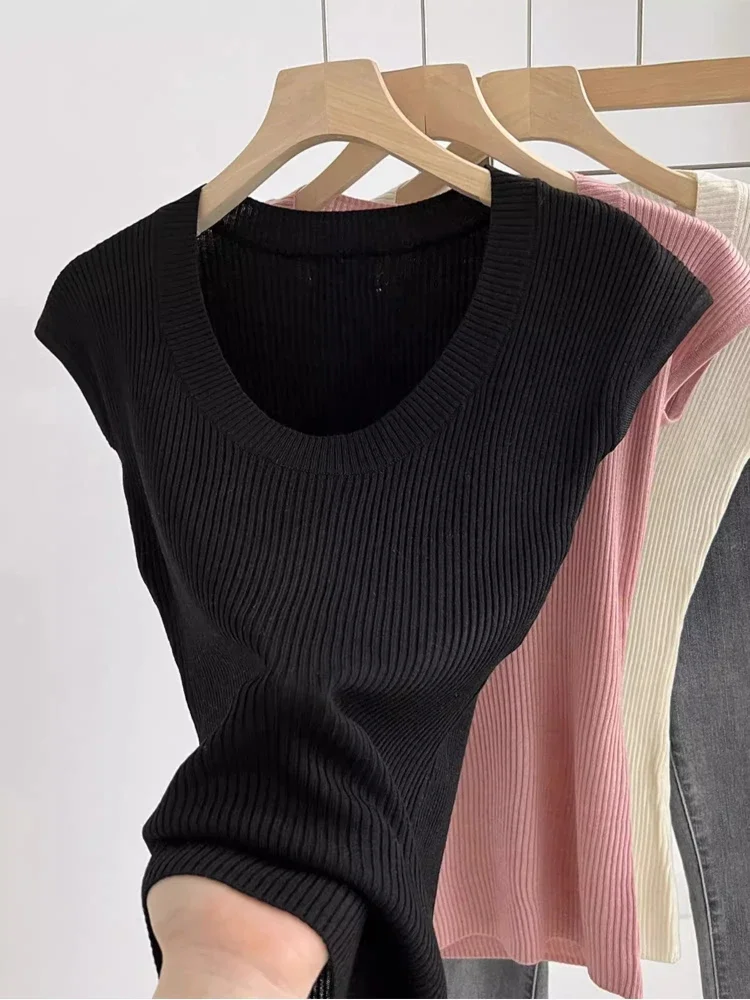 ฤดูร้อน Basic U-คอบาง 2025 เสื้อกันหนาวผู้หญิงหญิงถัก Ribbed เสื้อกันหนาว Slim แขนสั้นเสื้อกันหนาว