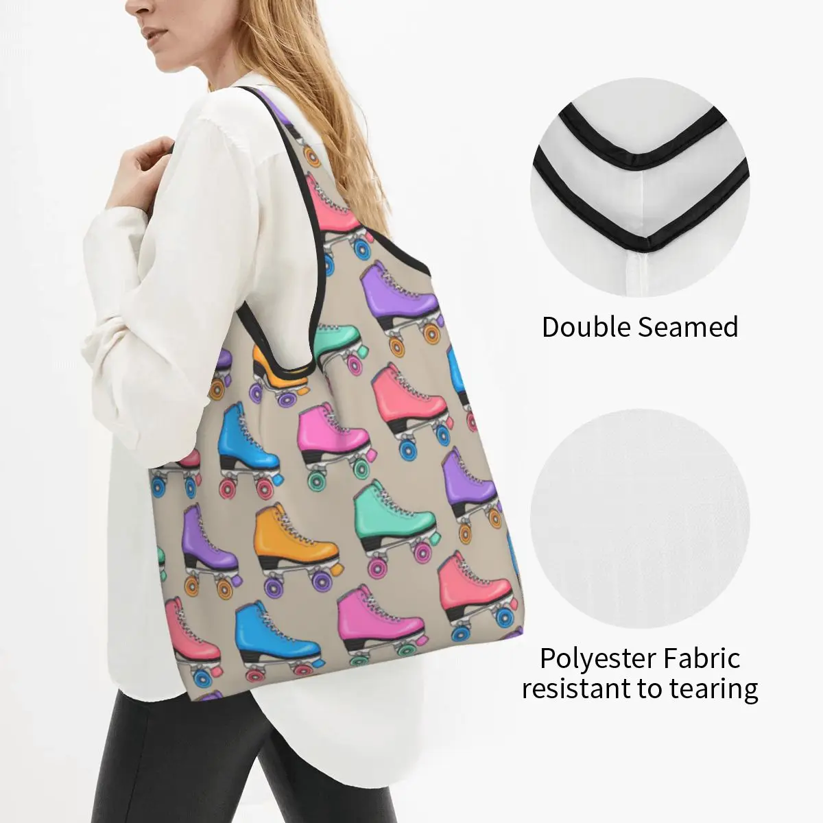 Roller Skate Colorful Design Tote Bag Folding Shopper Bag for Women Men Shopping Work Outdoor Walking Eco Bag