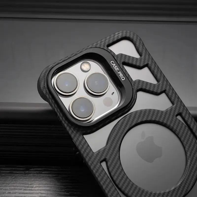 For IPhone 16 pro max Mobile Phone Case with Lens Holder Kevlar Carbon Fiber Pattern Protective Cover
