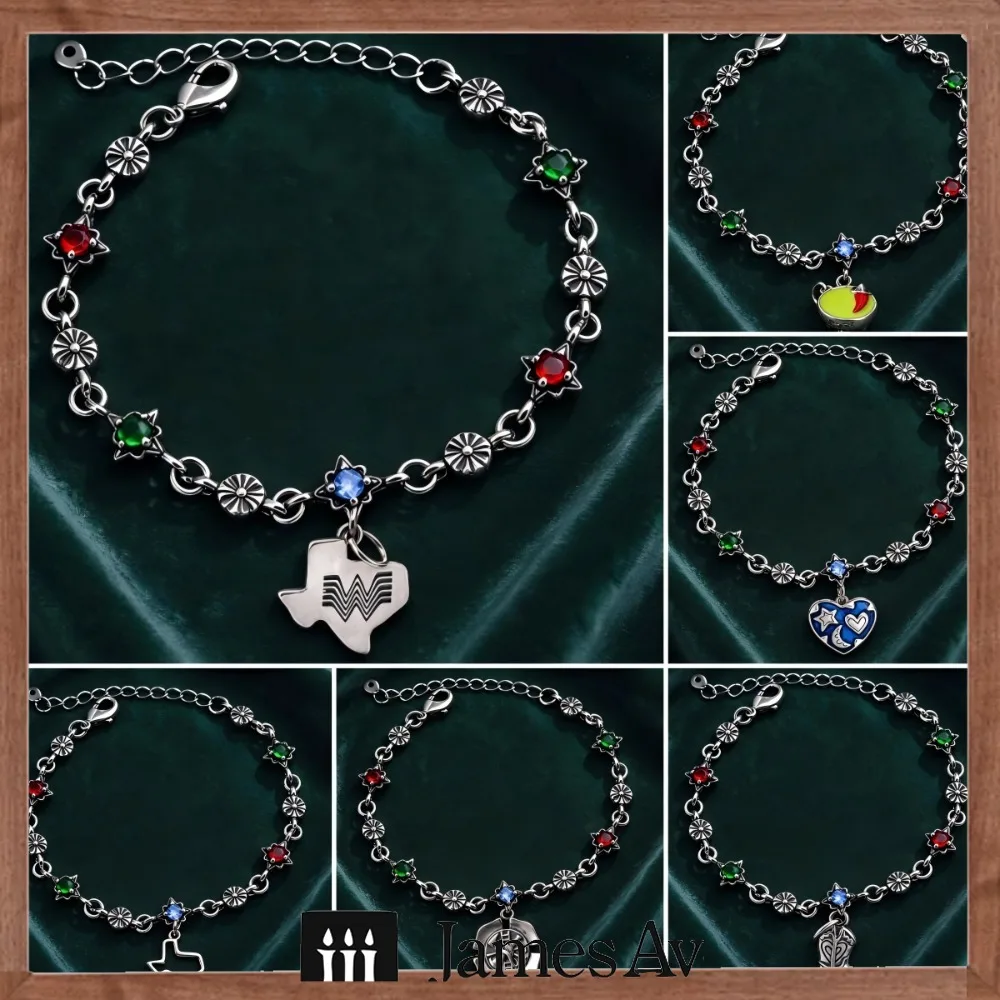 2027 S925 Silver Flower Star Gem Bracelet DIY Texas Theme Pendants Chili Pepper Blue Heart Western Fashion Unisex Accessory