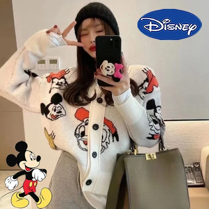 Disney Mickey Mouse Sweater Autumn Winter Cartoon Woman's Warm Knitted Cardigan Y2K Fashion Casual Loose Long Sleeve Jacket Gift