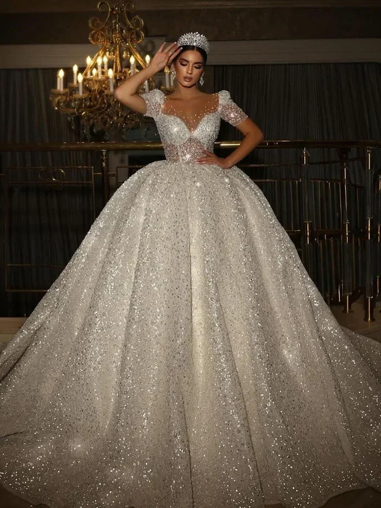 Royal Wedding Dress Lace With Beading Princess Ball Gown Sweetheart Neck Half Sleeve Bride Button Vestido De Novia Customized