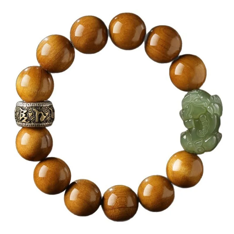Chinese Style Lucky Golden Phoebe Wood Beaded Bracelet Natural Hetian Green Jade Pixiu Charm Fortune Blessing Good Luck Unisex