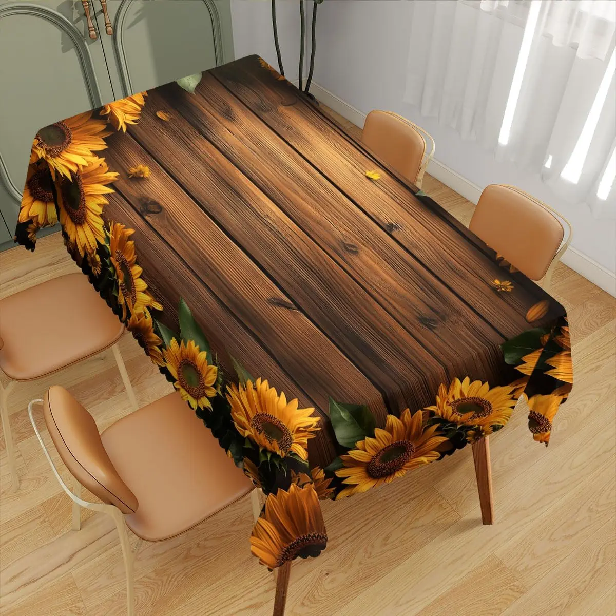 Rustic Wood Grain Sunflower Tablecloth, Premium Retro Farmhouse Table Cover for Cozy Kitchen Dinner Holiday Party