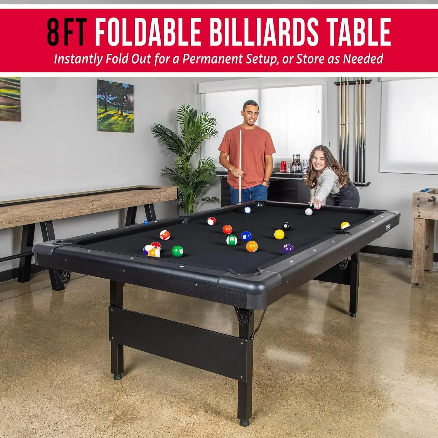 

8 ft Billiards Table - Portable Pool Table - includes Full Set of Balls, 2 Cue Sticks, Chalk and Felt Brush