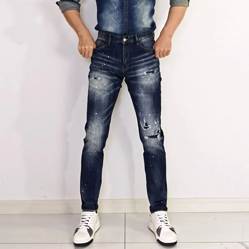 Fashionable new men's jeans with pleated, washed, nostalgic, elastic, slim fit, blue jeans, designer hip-hop brand pants Y2K