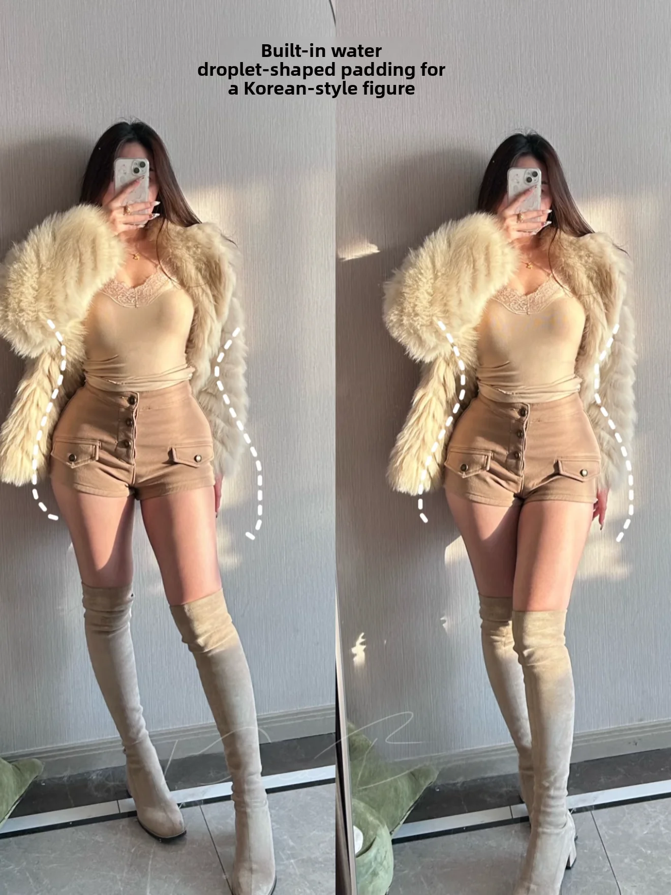 

Khaki High Waist Padded orts Casual Denim Pants Women's High Elastic Cotton Stretch Jeans with kets Korean Sle Winter