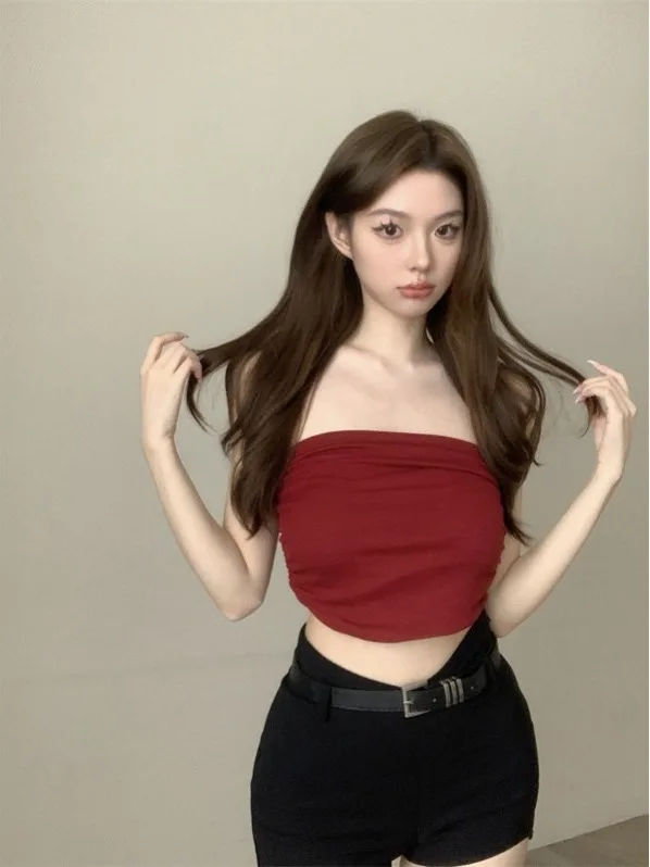Retro Korean Red Strapless Vest Women's Slim Fit Short Crop Top Belly Baring Vest Sexy Girl No Shoulder Strap Outerwear Wrap ...