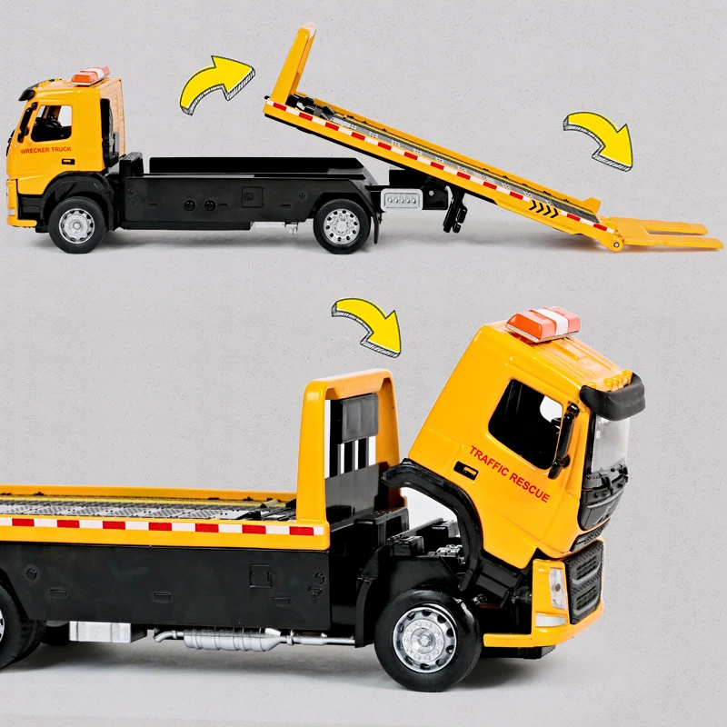 1:50 VAN Type Alloy Trailer Model Simulation Metal Car Transporter Wrecker Truck Pull Back Sound and Light Toy Truck